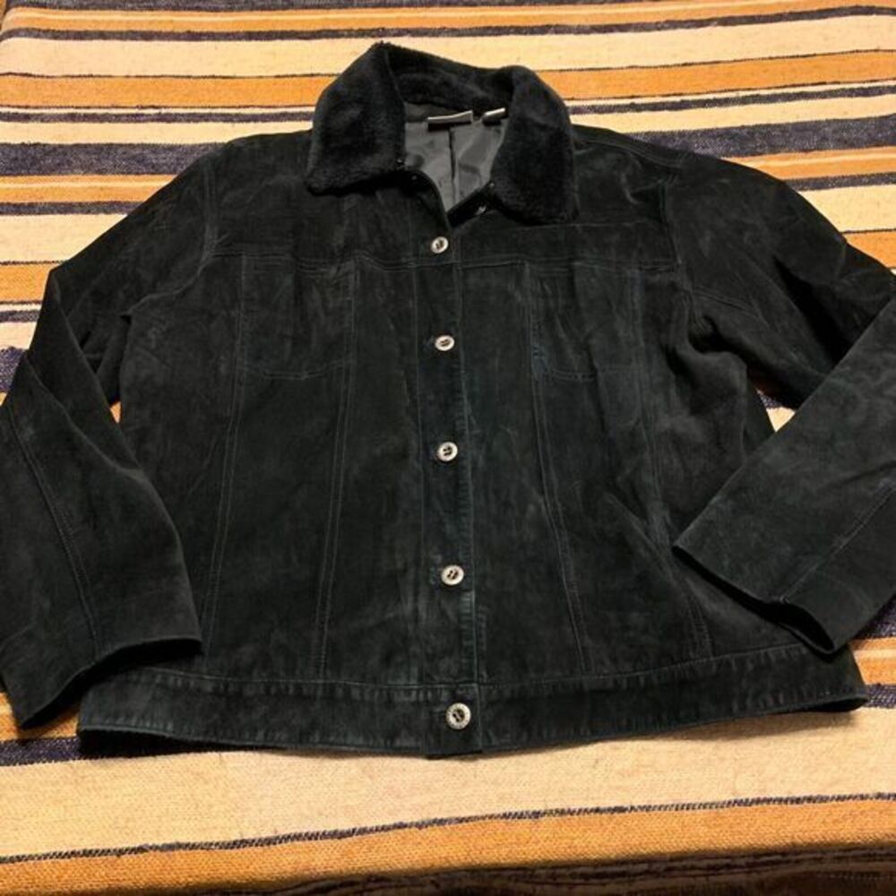 Chicos Black Suede Leather Trucker Jacket Fur Collar Sz 3 Goth Witch VTG 90s MOm
